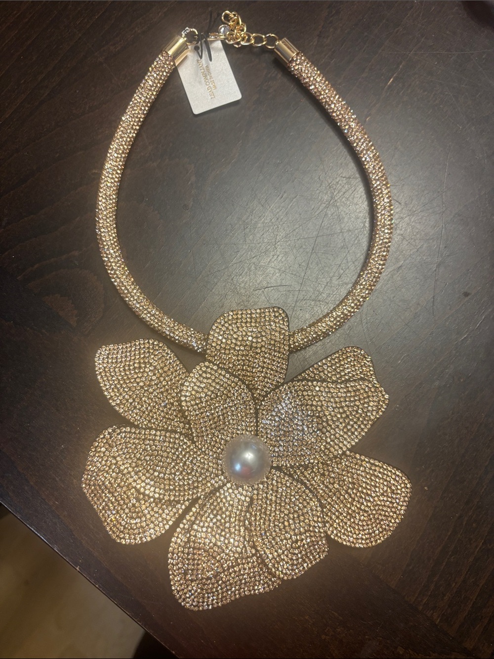 Natasha Couture Gold Crystal Floral Necklace with Pearl Center